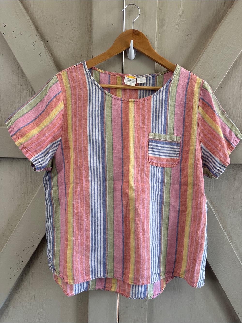 C&C California 100% Linen Striped Top Medium Boho Summer Short Sleeve Blouse